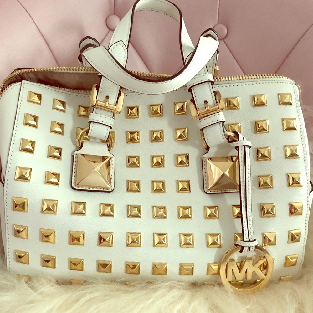 Michael Kors white gold studded satchel